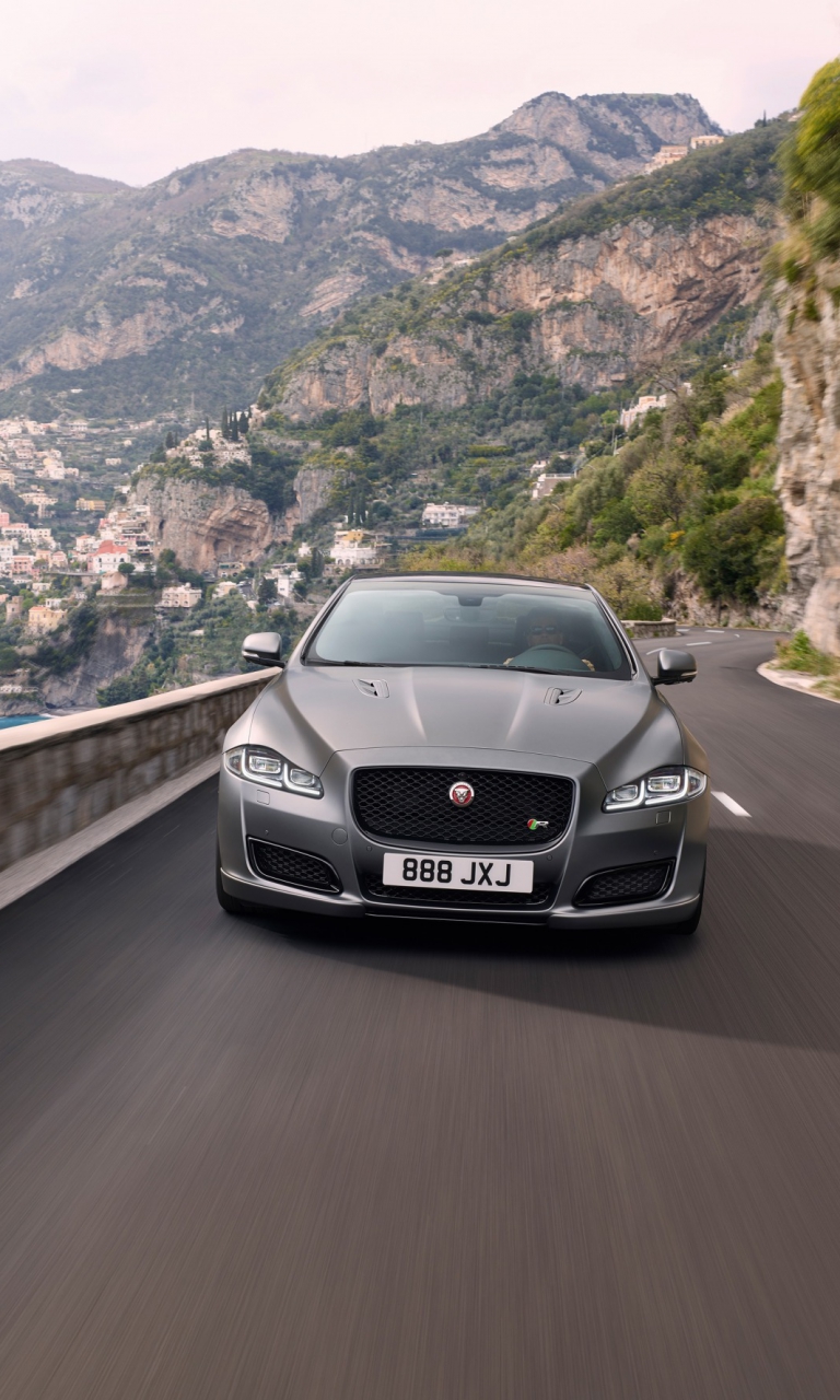 Горы, растительность, ограждение, Jaguar, XJR 575, 2017, море, побережье, автомобиль, дорога, движение, разметка